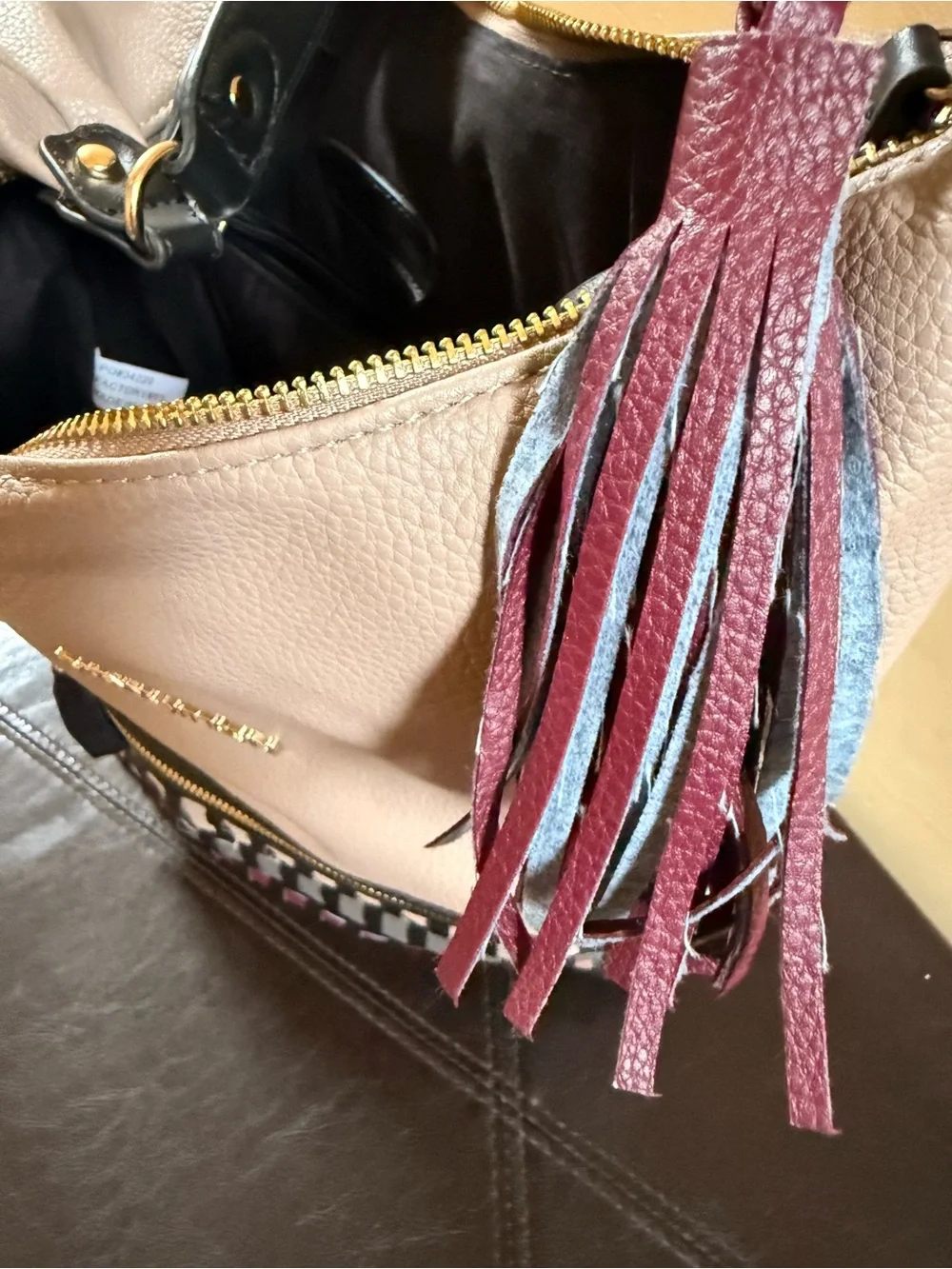Adrienne Vittadini Taupe & Black Leather Hobo with Multicolor Woven Trim